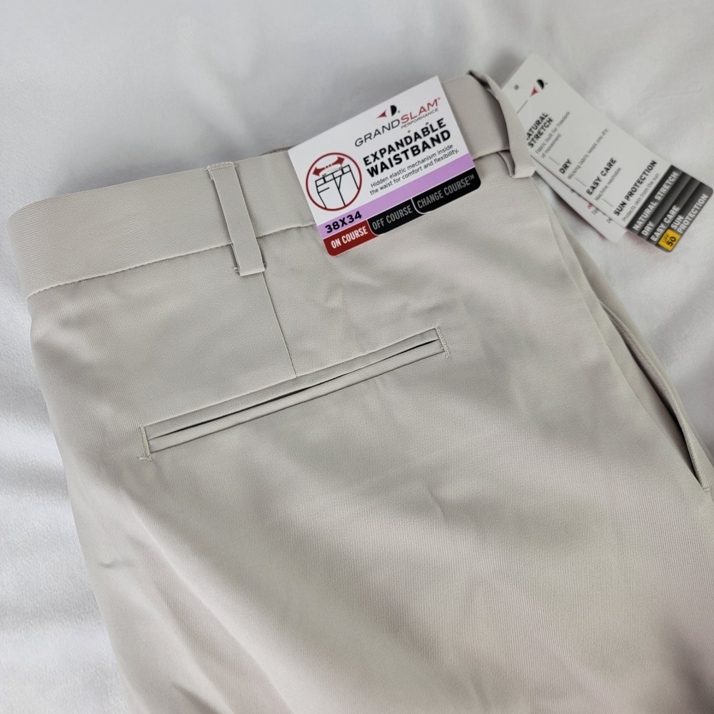 Grand Slam Performance Mens 38x34 Expandable Waist Golf Pants Pleated Cuffed NEW